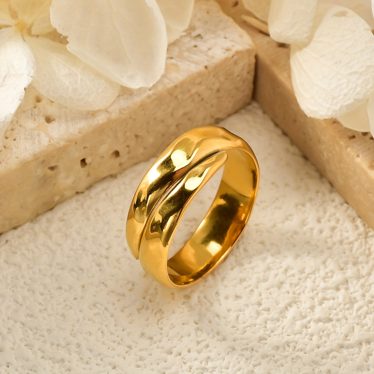Adjustable Wide Band Geometric Ring Stainless Steel Golden Finish